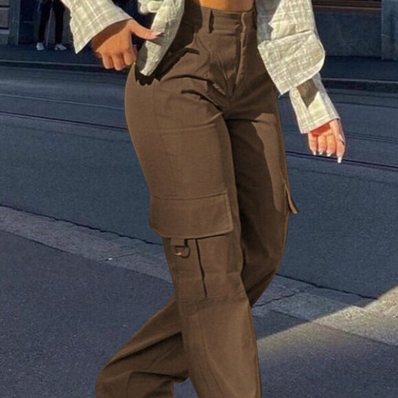 Coffee Brown Casual Women's Plain Loose Straight-Leg Cargo Pants With Pockets - Picture 3 of 5